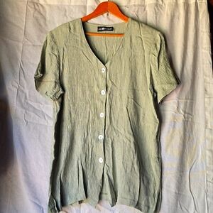 Sag Harbor Sage Green Short Sleeve Button Front Blouse